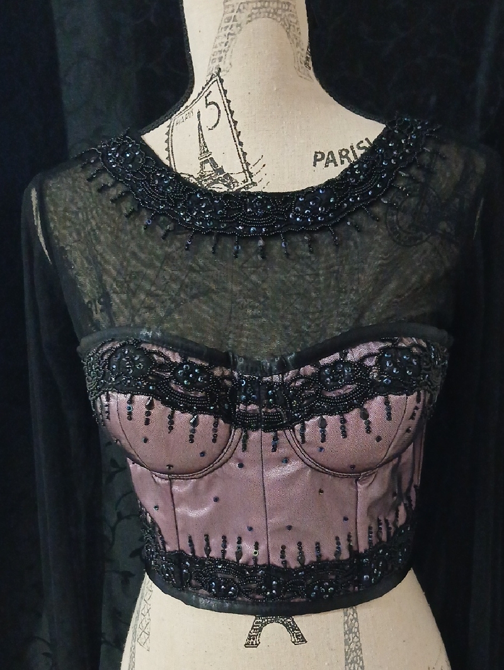 Beaded Mesh Bustier Top in Dusty Mauve and Black